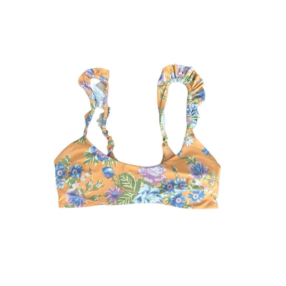 aerie floral print ruffle straps scoop neck bikini swim top size medium orange